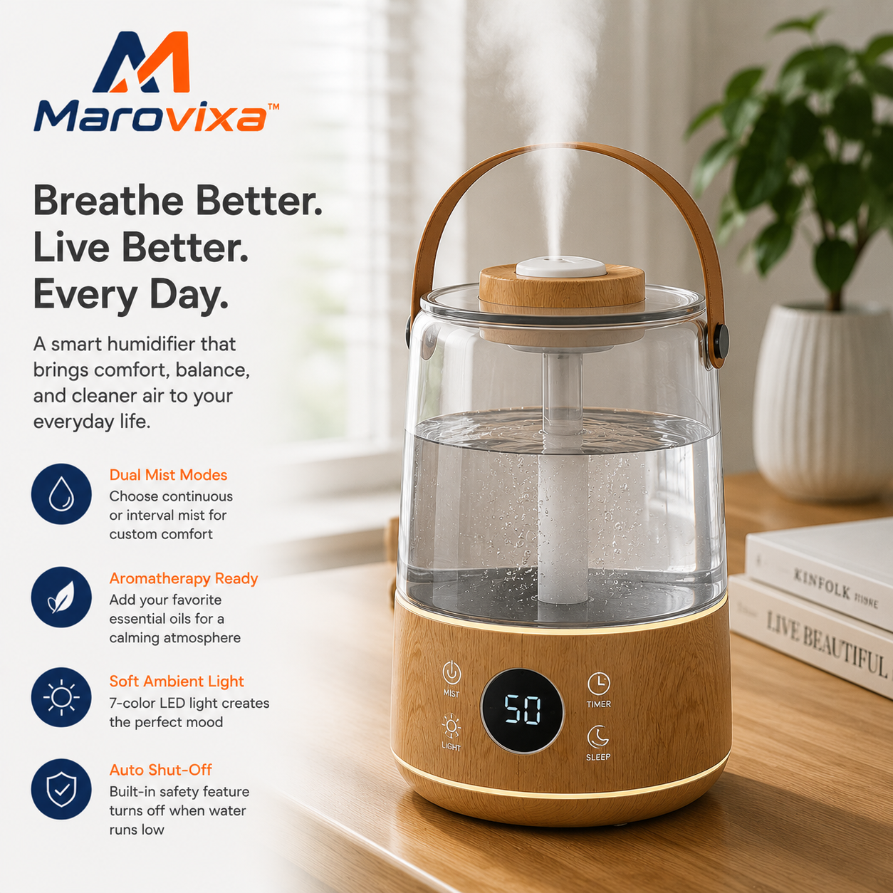 Marovixa™ AeroMist LumiGlass Ultrasonic Humidifier & Wellness Diffuser