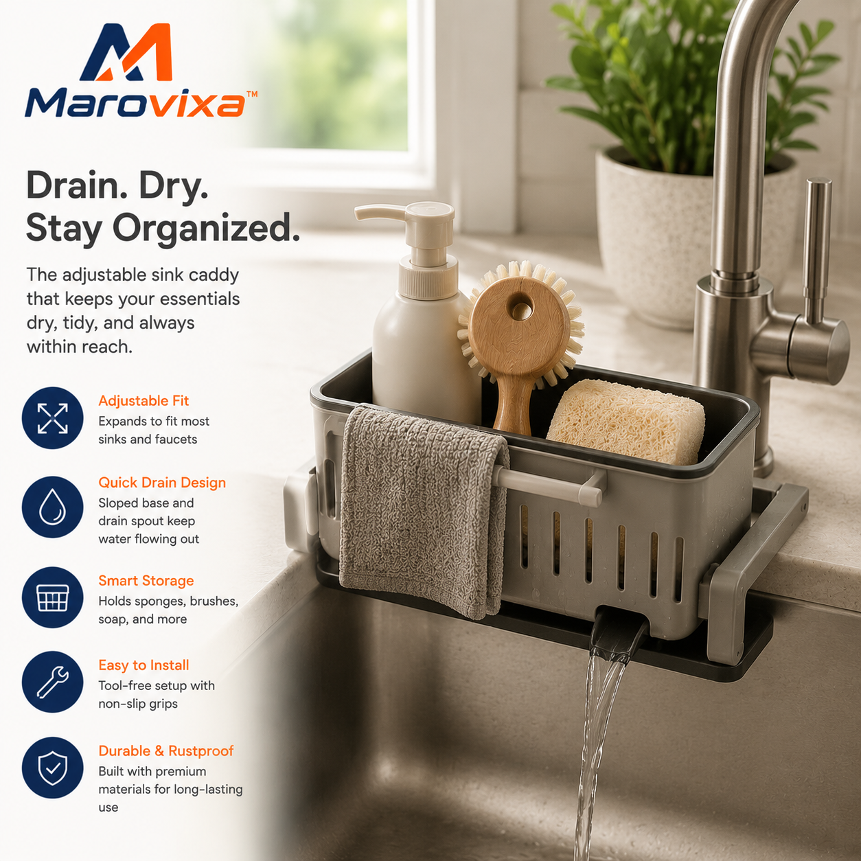 Marovixa™ AquaFlow EdgeSink Smart Drain & Organize Caddy